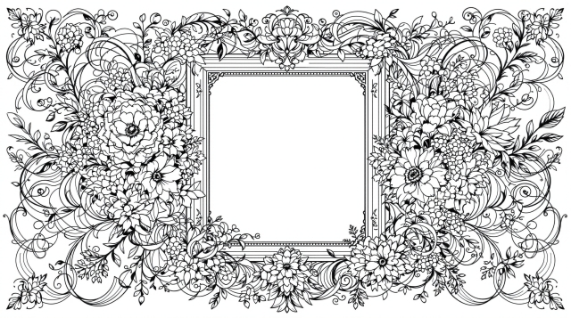 優雅な装飾フレームの塗り絵 - 華やかな植物モチーフが縁から溢れ出すデザイン