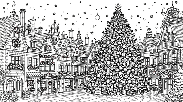 A complex Christmas village coloring page featuring Dutch architecture with snow and decorated Christmas tree.