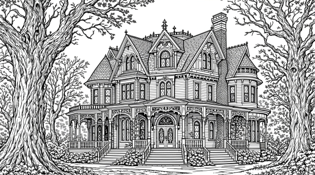 古代の森に佇む不気味なビクトリア様式の幽霊屋敷 - 精緻な建築ディテール満載の大人の塗り絵