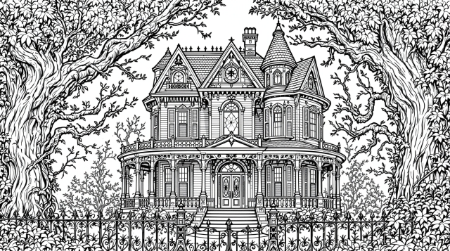 ヴィクトリア朝の屋敷と深い森が織りなす不気味なお化け屋敷の大人の塗り絵 - 装飾的な鉄柵と繊細なディテール