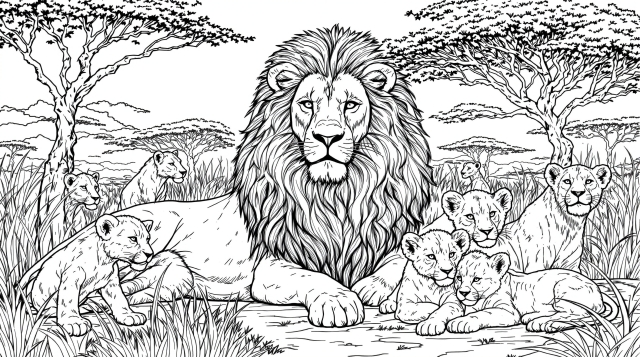 雄大なライオンの群れの塗り絵 - たてがみが美しい雄ライオンと雌ライオン、かわいい子ライオンたちのアフリカサバンナシーン