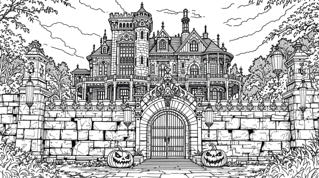 ハロウィンのゴシック様式の石造り大邸宅と塔、玄関のジャック・オー・ランタンが描かれた緻密な大人の塗り絵