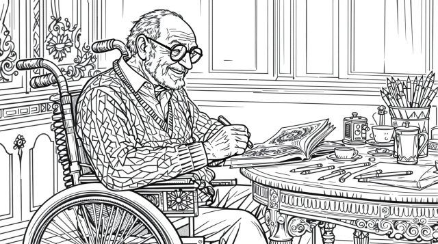 En ældre gentleman med briller sidder i en udsmykket kørestol ved et victoriansk bord med en åben bog.