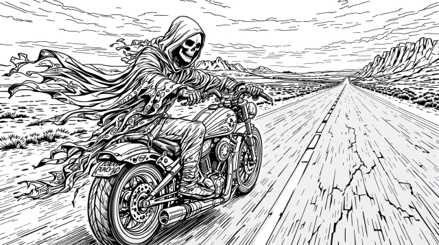 死神がクラシックバイクで走る果てしない砂漠のハイウェイ - 緻密な線画の大人の塗り絵
