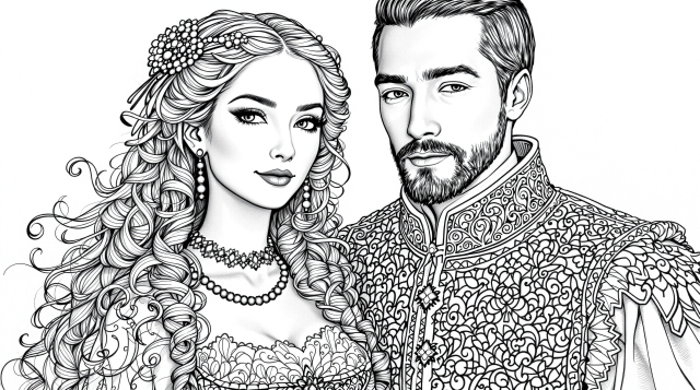 ルネサンス時代の優雅なカップル塗り絵 - 精密な衣装と肖像画の大人向けぬりえ