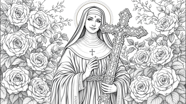 En invecklad målarsida av Heliga Rita av Cascia med detaljerade rosor och prydligt krucifix för avancerade vuxna färgläggare.