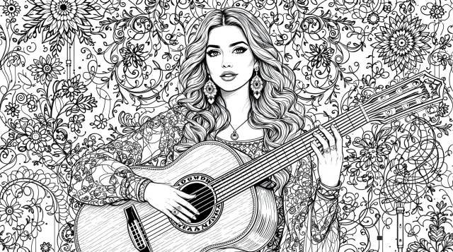 アコースティックギターを持つ女性と華麗な花柄模様の繊細な大人の塗り絵