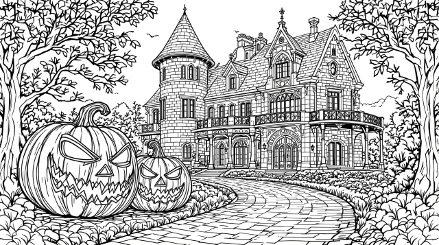 ハロウィンの幽霊屋敷と秋の木々、ジャックオーランタンの精巧な大人の塗り絵ページ - 塔とバルコニー付き