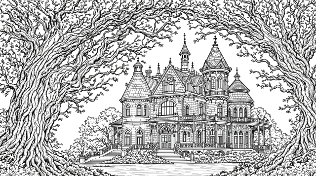 精巧なゴシック様式の大邸宅の塗り絵 - 古木のアーチと細密な建築ディテール