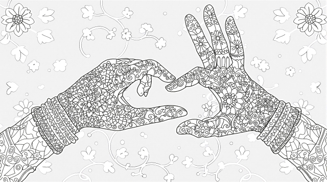 繊細なマンダラ模様と花の装飾が施された2つの手の大人の塗り絵 - 優雅なポーズの白黒線画