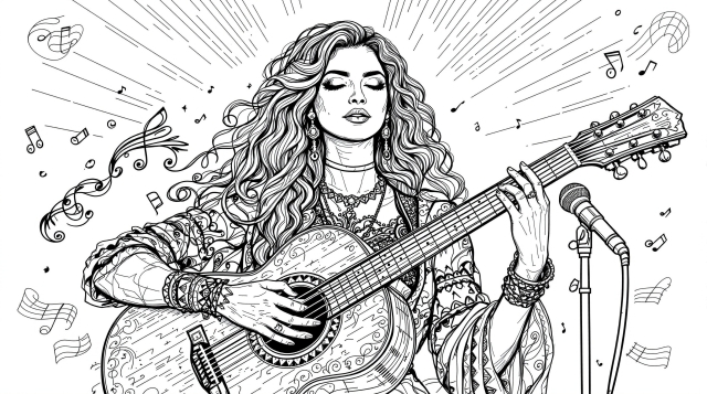 ブラジル人歌手マリリア・メンドンサがアコースティックギターを演奏する精密な線画ポートレート塗り絵