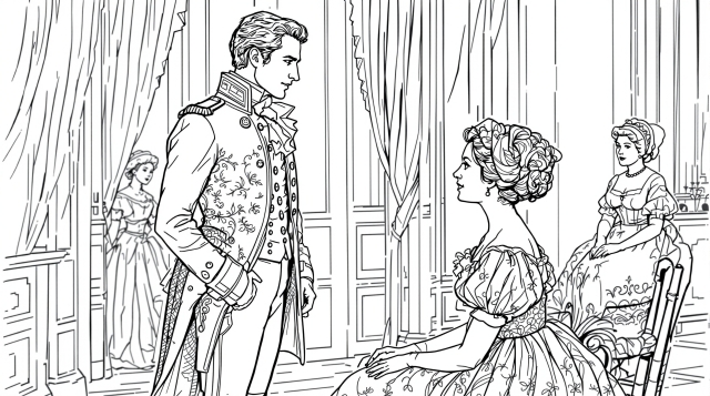 ジェーン・オースティン『分別と多感』より、ブランドン大佐とエリノア・ダッシュウッドを描いた精緻なリージェンシー時代の大人の塗り絵