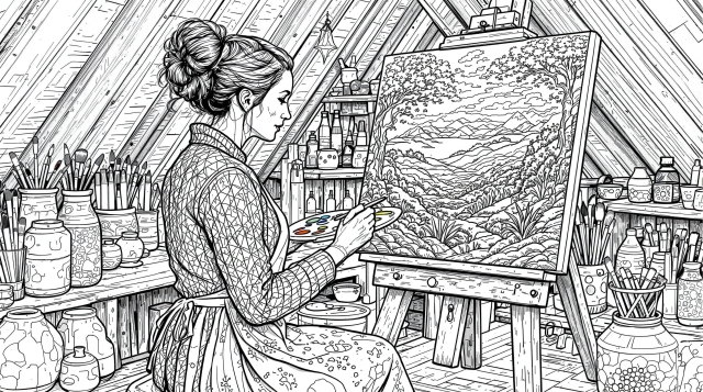 日当たりの良い屋根裏のアトリエで木製イーゼルに向かう女性画家と画材の塗り絵