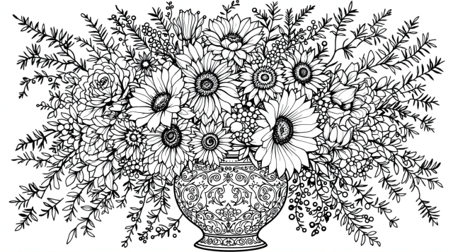 豪華な花瓶に溢れる多種多様な花々のシンメトリックな植物画塗り絵