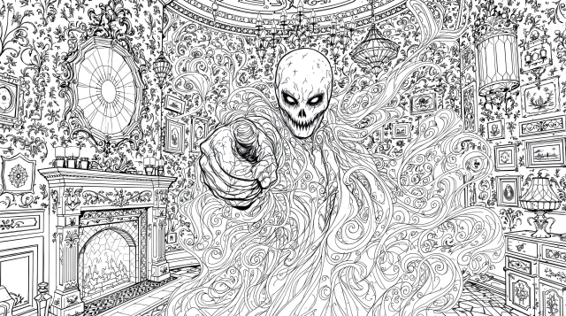 骸骨の幽霊が指差すヴィクトリア朝のお化け屋敷 - 精巧な塗り絵