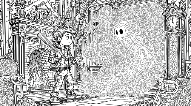 野球バットを持つ勇敢な少年がゴシック様式の幽霊屋敷で渦巻く亡霊と対峙する塗り絵