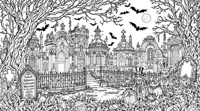 精巧なゴシック建築が魅力のハロウィン墓地の塗り絵 - 緻密な大人向けデザイン