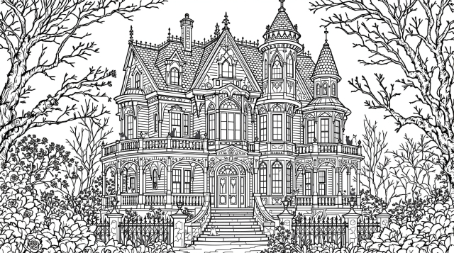 ビクトリア朝のお化け屋敷の塗り絵 - 精巧なゴシック建築とアーキテクチャディテールが楽しめる大人の塗り絵