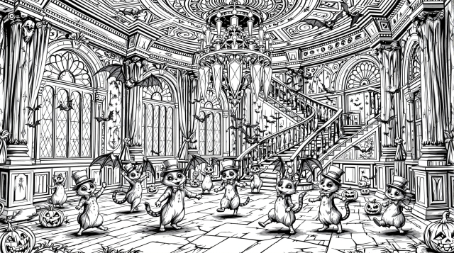 ハロウィン衣装を着たクマたちが踊る華麗なヴィクトリア朝舞踏会の大人の塗り絵