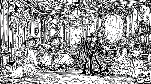 ハロウィン衣装を着た猫たちのヴィクトリア朝パーティー｜大人の塗り絵