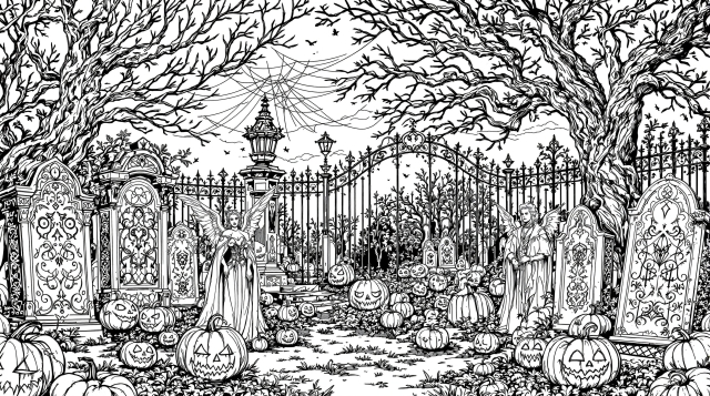 ハロウィンモンスターパーティー塗り絵 - ヴィクトリア朝の墓地で祝うヴァンパイアの精巧なデザイン