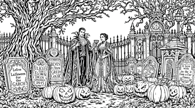 ヴィクトリア朝の吸血鬼と墓地のハロウィンパーティー｜精密な大人の塗り絵