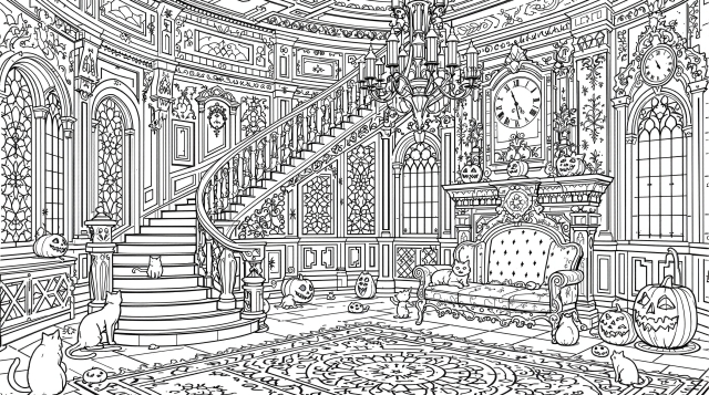 ヴィクトリア様式の豪華な邸宅と猫とハロウィンかぼちゃの大人の塗り絵 - 繊細な建築装飾