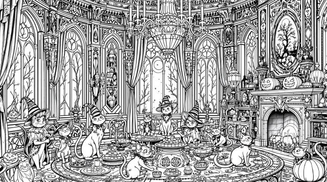 ハロウィン猫パーティーの塗り絵 - ヴィクトリア朝のお化け屋敷で優雅な猫たちが集う精巧な大人の塗り絵