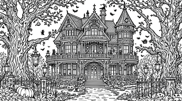 En indviklet victoriansk spøgelseshus farvelægningsside med udarbejdede arkitektoniske detaljer indrammet af snoede træer.