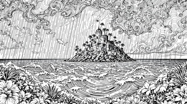 荒れ狂う嵐の海に浮かぶ城の島 - 繊細で迫力満点の大人の塗り絵