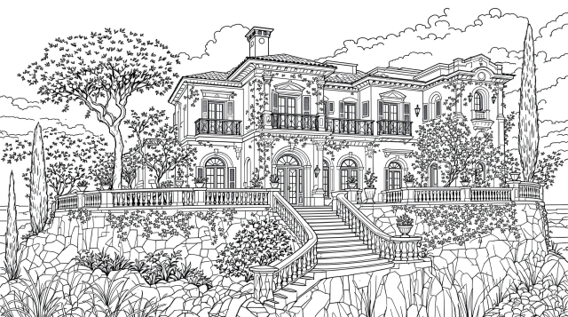 En elegant italiensk villa-färgläggningssida med utsmyckad arkitektur och terrasserade trädgårdar med intrikata detaljer för avancerad vuxenfärgläggning.