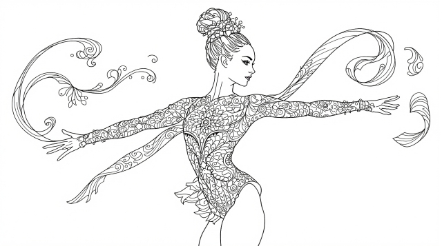 En stiliseret rytmisk gymnastik farveside, der viser en ung atlet med flere arme i en elegant danseposition.