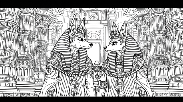 古代エジプト神殿の玉座の間に描かれたアヌビスとアンプトの精緻な大人の塗り絵