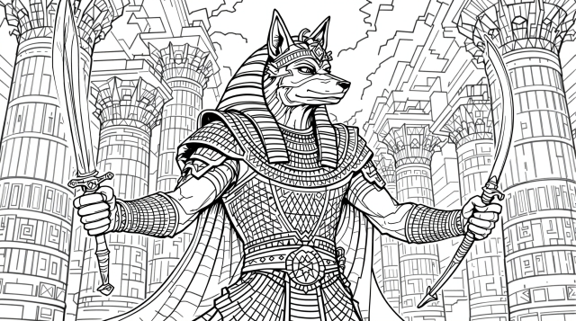 ウェプワウェト エジプト神話の狼神 精巧な鎧と儀式用杖が描かれた装飾柱付き大人の塗り絵