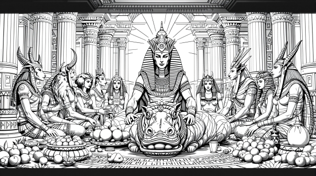 エジプトの神ラーと神々の祝宴シーン - 宮殿での神聖な儀式を描いた精密な大人の塗り絵