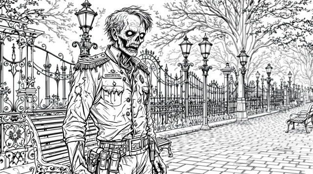 ビクトリア朝の公園を舞台にした警備員ゾンビの塗り絵 - 装飾的な鉄門と冬の裸木が描かれた緻密なデザイン