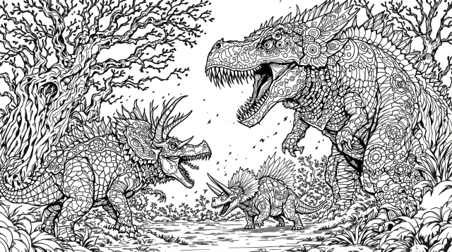 En detaljeret zentangle-stil farvelægningsside med to T-Rex dinosaurer og en Triceratops med indviklede mandala-mønstre i et forhistorisk landskab.