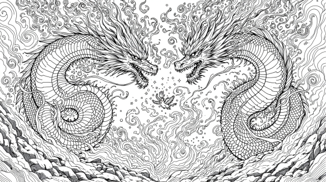 Two majestic Chinese dragons symmetrically positioned around a mystical pearl in traditional Asian art style coloring page.