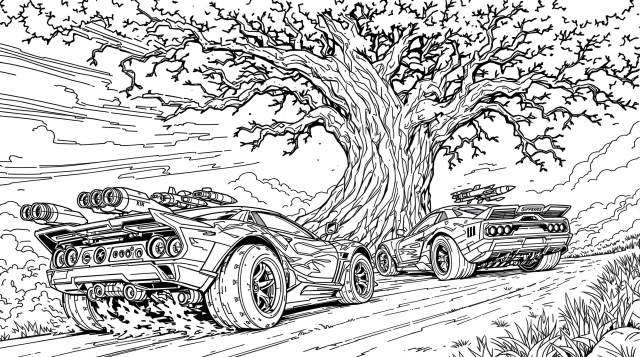 Two detailed Hot Wheels race cars with jet engines speeding past an ancient tree in a dynamic coloring page scene.