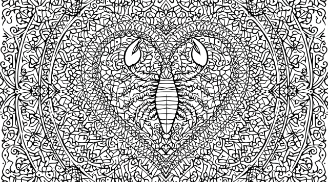 En komplex mandala-målarsida med en detaljerad skorpion i en utsmyckad bågformad ram omgiven av utarbetade blommönster.