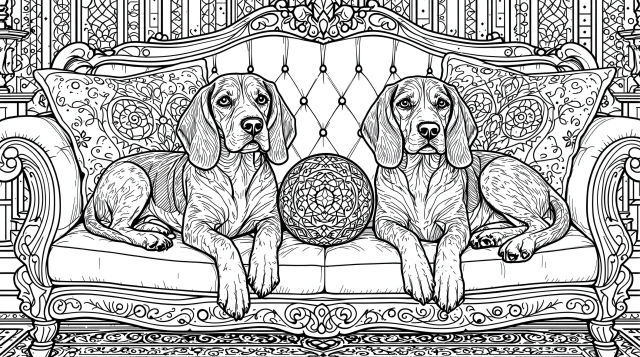 Farvelægningsside med to beagle-hunde, der slapper af på en rigt udsmykket viktoriansk sofa med en dekorativ bold til avancerede farvelæggere.