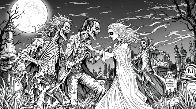 月夜の墓地で踊る怪物たち - ゾンビ、ヴァンパイア、狼男、ゴーストとビクトリア様式の墓石を描いた大人の塗り絵