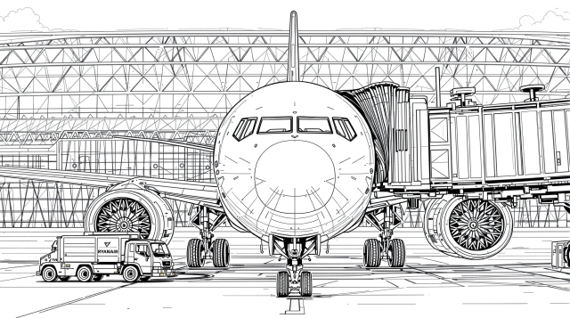 A detailed airport terminal coloring page featuring a commercial aircraft at the gate with passenger bridge and ground vehicles.