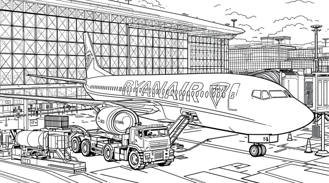 A detailed airport terminal coloring page featuring a Ryanair Boeing 737 MAX 8 aircraft at the gate with passenger boarding bridge and fuel truck.
