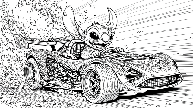 Advanced coloring page featuring Stitch from Disney driving a detailed Hot Wheels racing car with intricate flame decals and mechanical components.