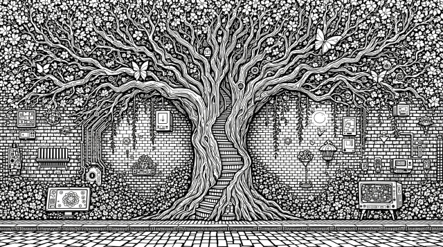 En surrealistisk farveside for voksne med et organisk træ mod en murstensvæg med indrammet kunst.