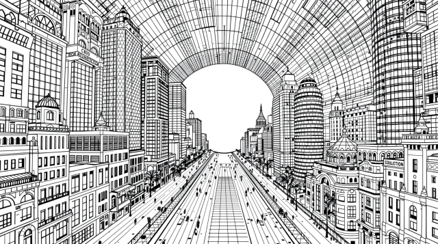 精密な遠近法で描かれた都市景観の大人の塗り絵 - 消失点に向かって収束する高層ビル群の劇的な都会の風景