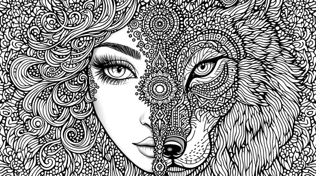 女性とオオカミの顔が融合した精緻な曼荼羅塗り絵 - 複雑な幾何学模様のスプリットフェイスデザイン