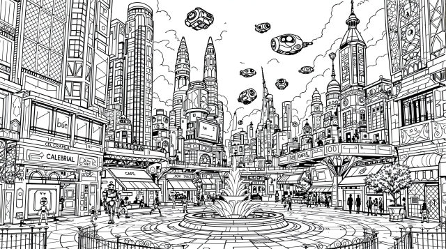 未来都市の塗り絵 - 高層ビル、空飛ぶ乗り物、ユーモラスなロボット市民が描かれた精密な大人向けぬりえ