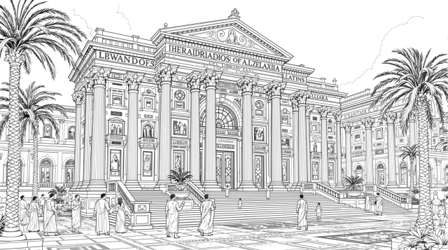 En fantastisk farvesidebibliotek i Alexandria med klassisk græsk-romersk arkitektur og høje søjler.